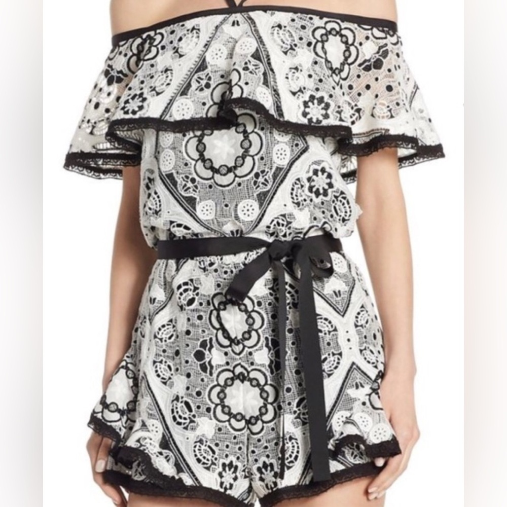 ALEXIS White Guipre Floral Lace Black Ribbon Flutter Off The Shoulder Romper M